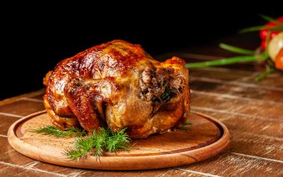 Pollo asado a la miel de romero .